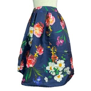 Floral Print Pockets Skirt S Full Midi Pleated Shiny Photorealistic Graphic Navy